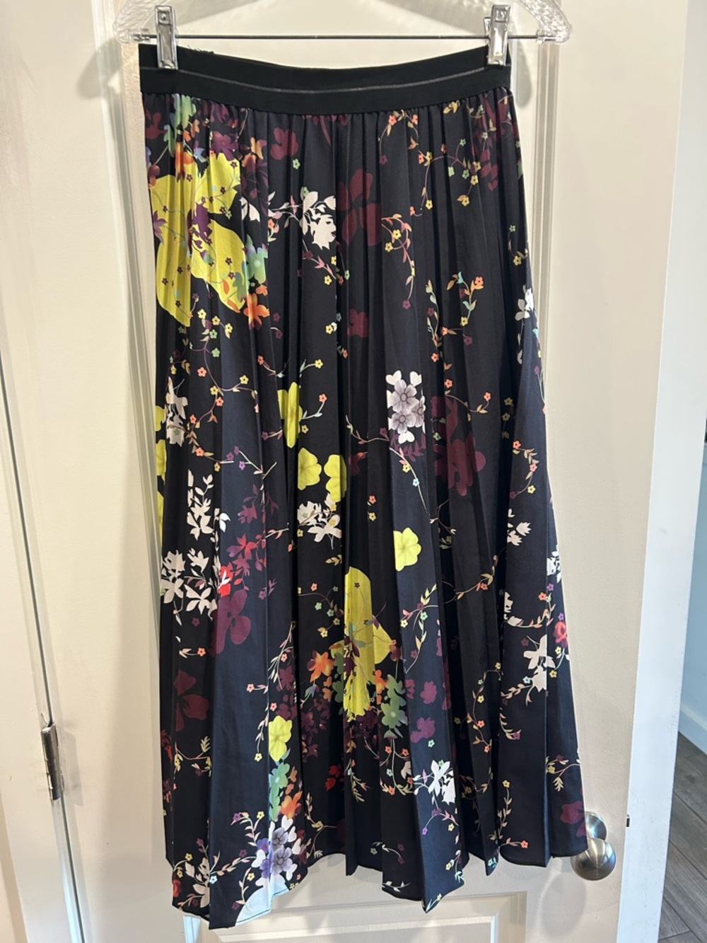 Modest Black Floral Pleated Midi Skirt with Yellow Accents